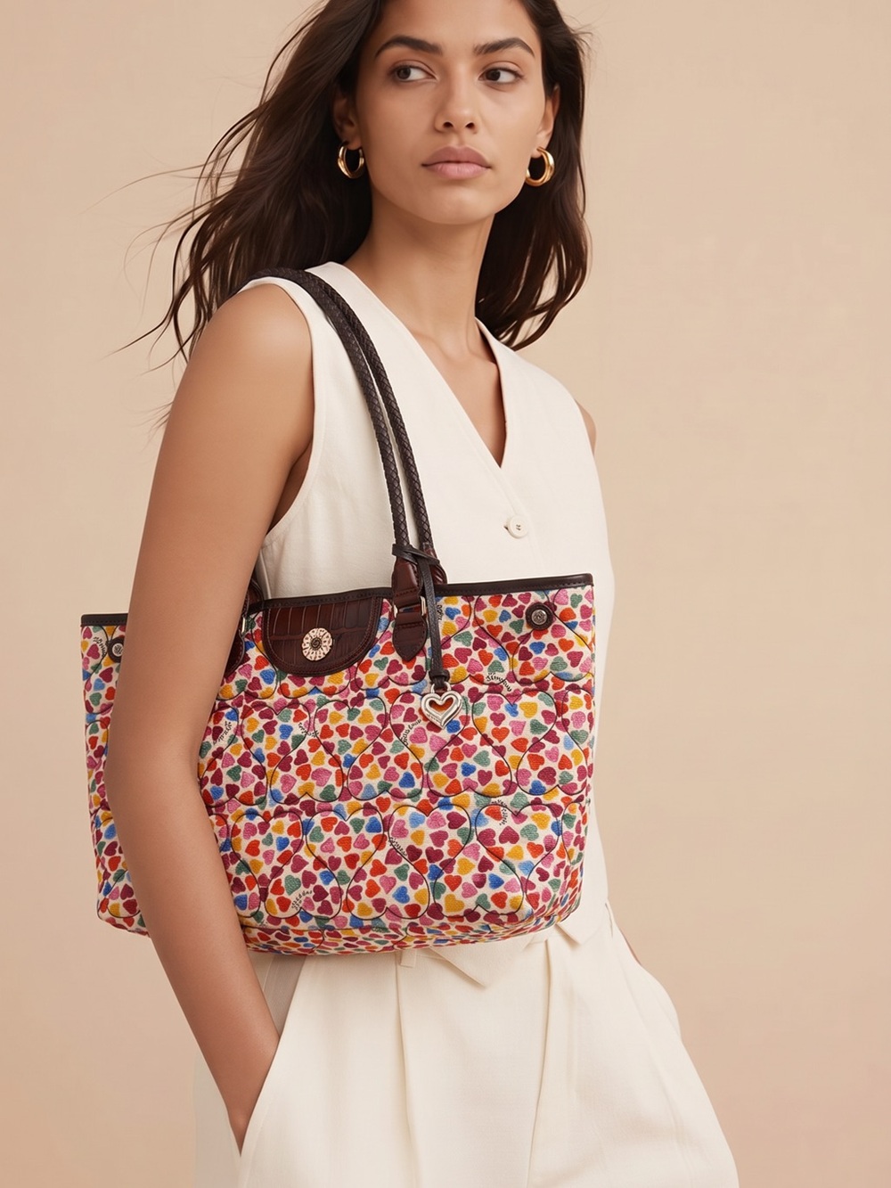 Brighton Quilted Heart-Print Tote Bag in Multicolor with brown leather accents